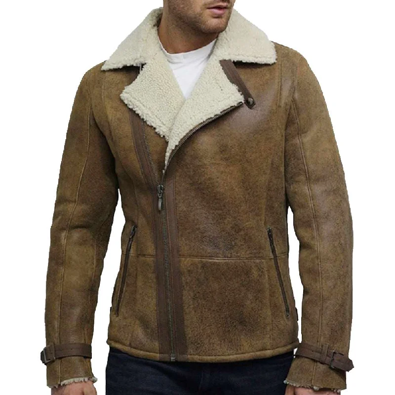 men's insulated jackets -Vintage Aviator Rust Brown Distressed Leather Shearling Bomber Jacket