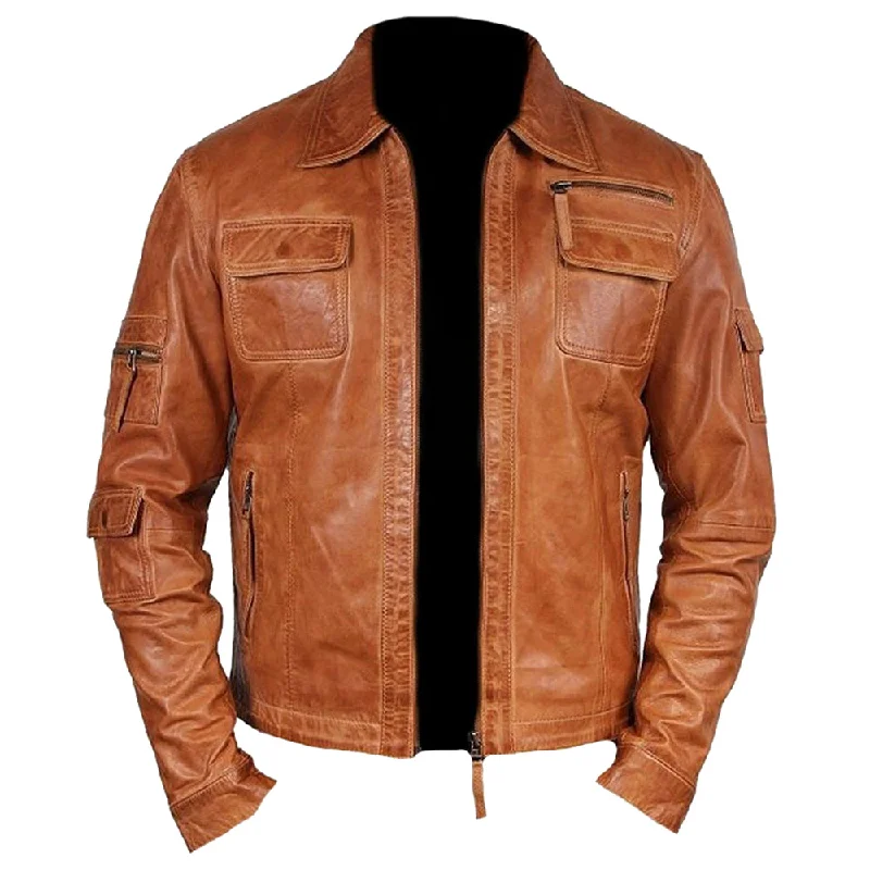 men's breathable jackets -Vintage Brown Men Leather Fashion Jacket Classic Stunning