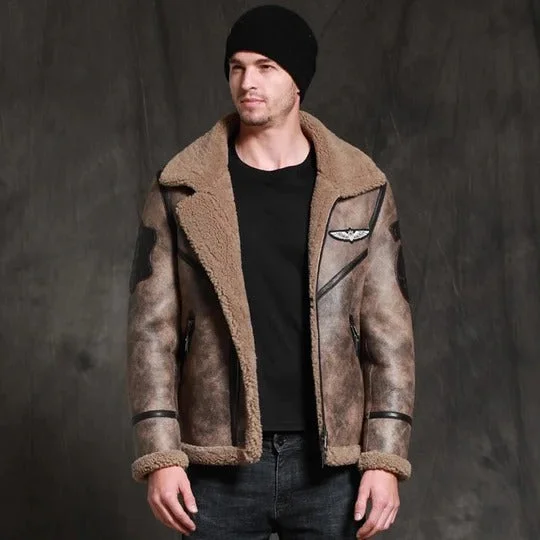 men's breathable jackets -Vintage Brown RAF Aviator B3 Waxed Sheepskin Leather Jacket for Men