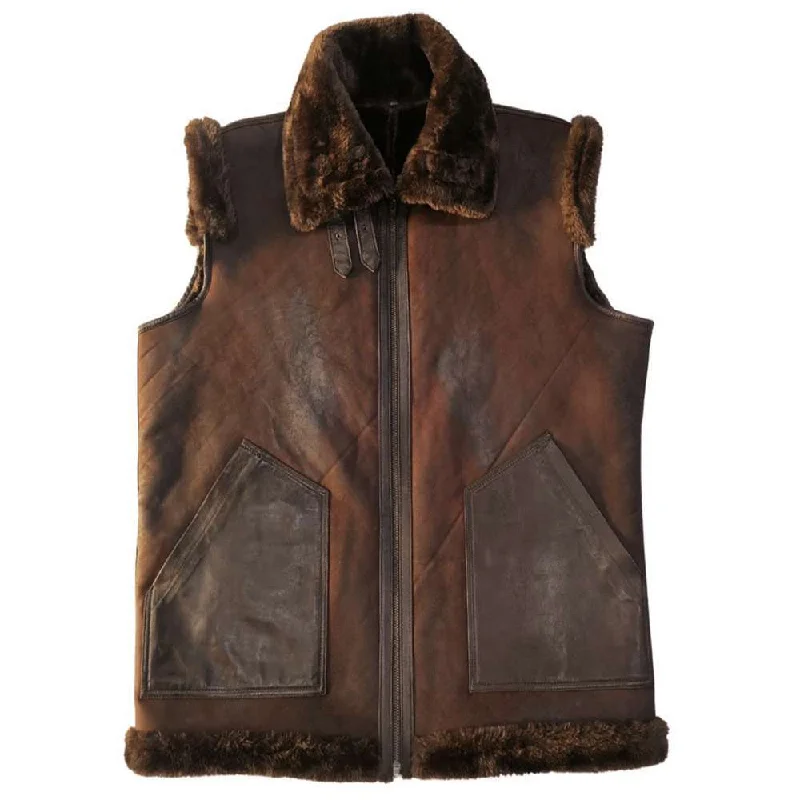 men's sleeveless jackets -Vintage Dark Brown Shearling Leather Bomber Vest Men's