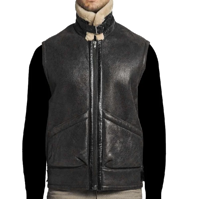 men's fashion vests -Vintage Flying Aviator Genuine Leather Shearling Vest | Black - Dark Brown