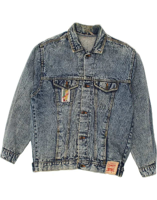 men's versatile jackets -VINTAGE Mens Graphic Denim Jacket UK 36 Small Blue