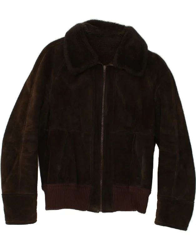 men's parkas with fur -VINTAGE Mens Slim Bomber Leather Jacket IT 58 4XL Brown Leather