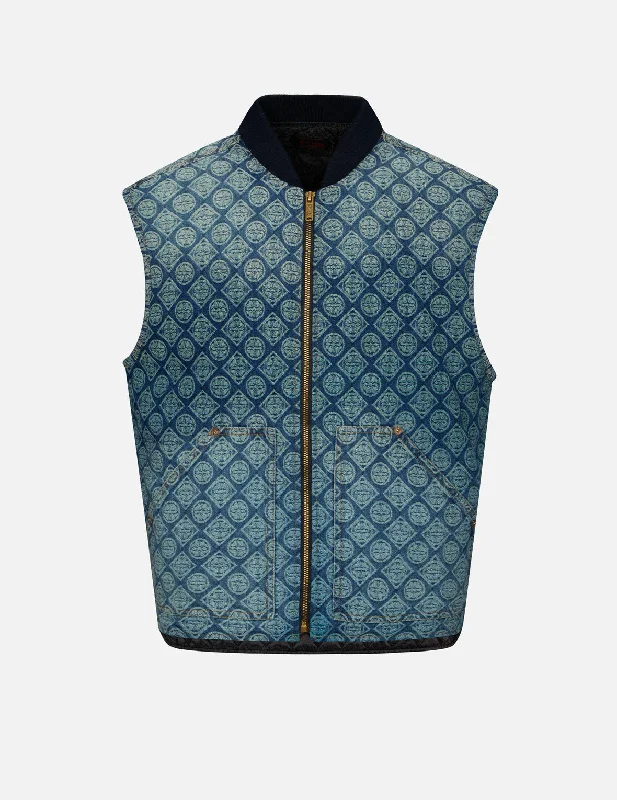 fitted waistcoats for men -Washed Kamon Jacquard Relax Fit Denim Padded Vest