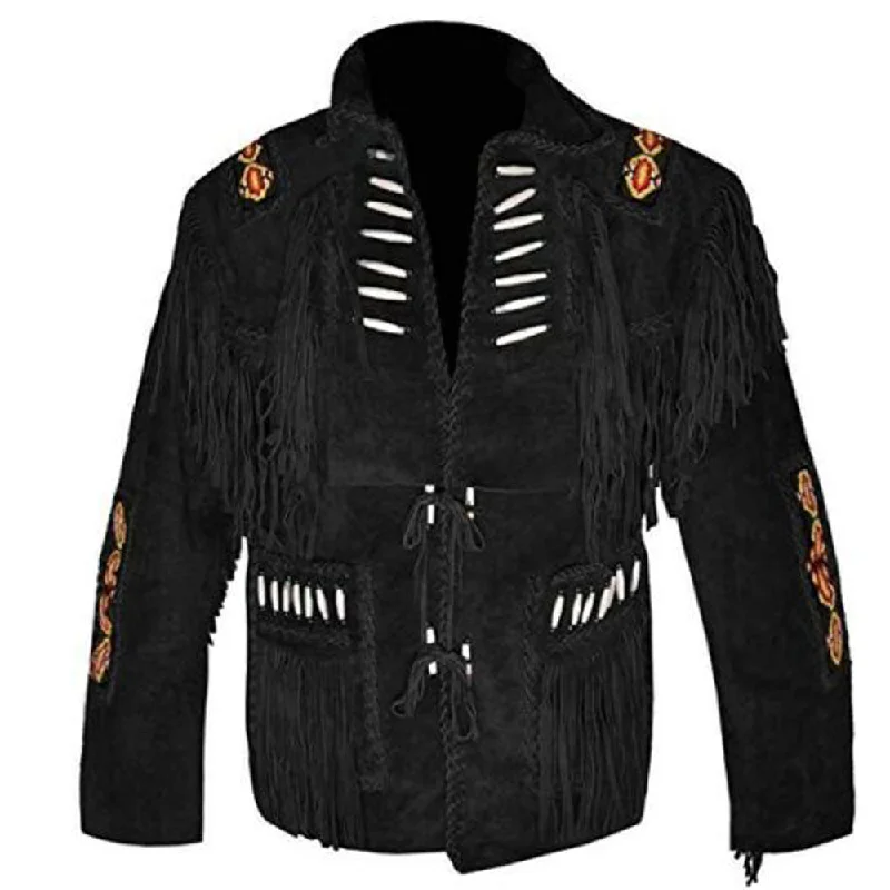 men's fitted jackets -Western Black Suede Leather Fringe Jacket