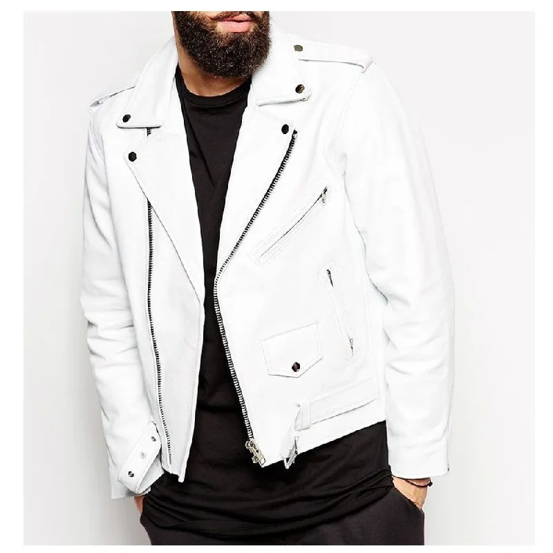 men's stylish jackets with zippers -White Heavy Biker Leather Jacket