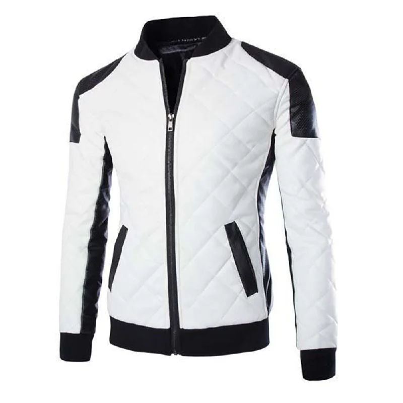 men's outdoor hooded jackets -White Black Fashion Biker Jacket