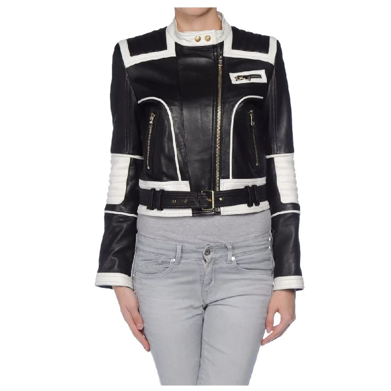 men's high-performance jackets -White Black Leather Belted Jacket