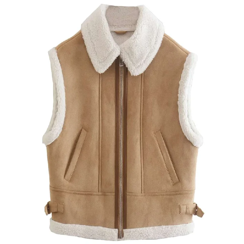 men's vests with zippers -Women B3 Tan Brown Bomber Shearling Leather Vest