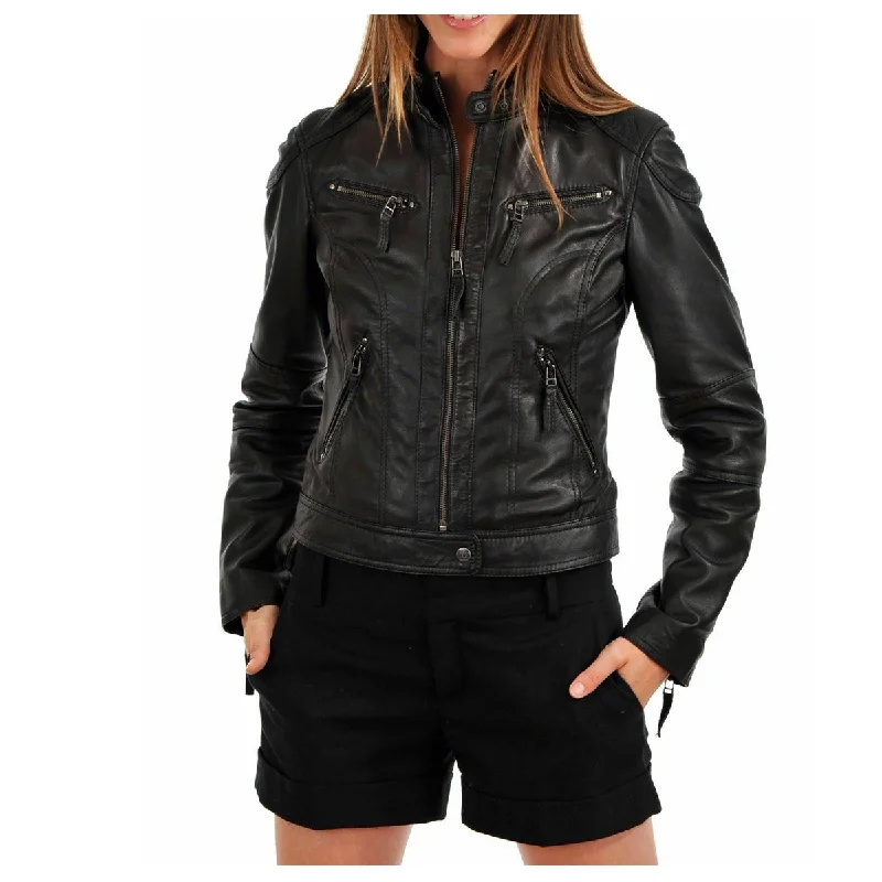 men's parka jackets for winter -Women Biker Fashion Lambskin Leather Jacket For Sale