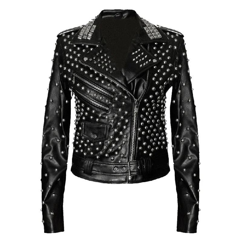 men's formal suit jackets -Women Black Brando Leather Jacket With Silver Studs