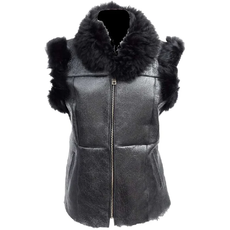 men's casual plaid vests -Women Black Shearling leather Vest