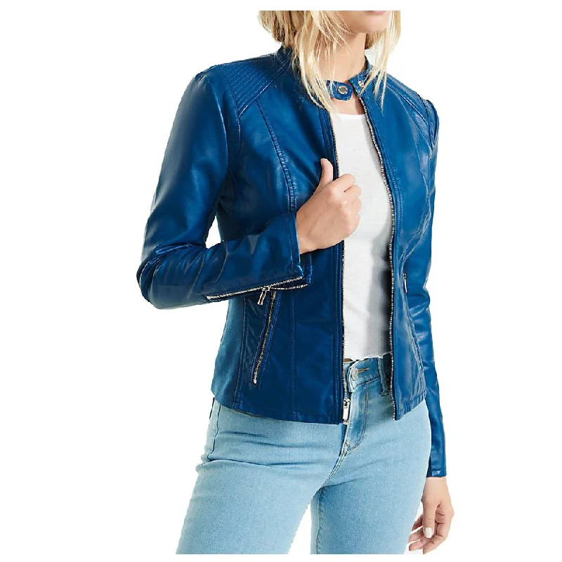 men's windbreakers -Women Blue Soft Lambskin Motorcycle Racer Leather Jacket