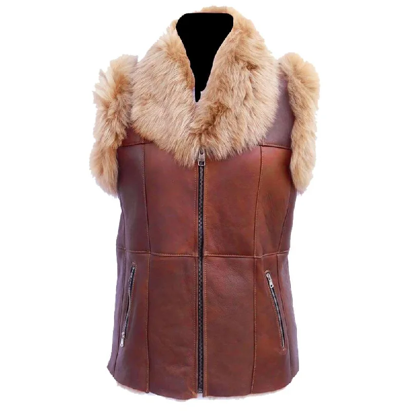 men's zippered vest jackets -Women Bomber Shearling Wax Leather Vest