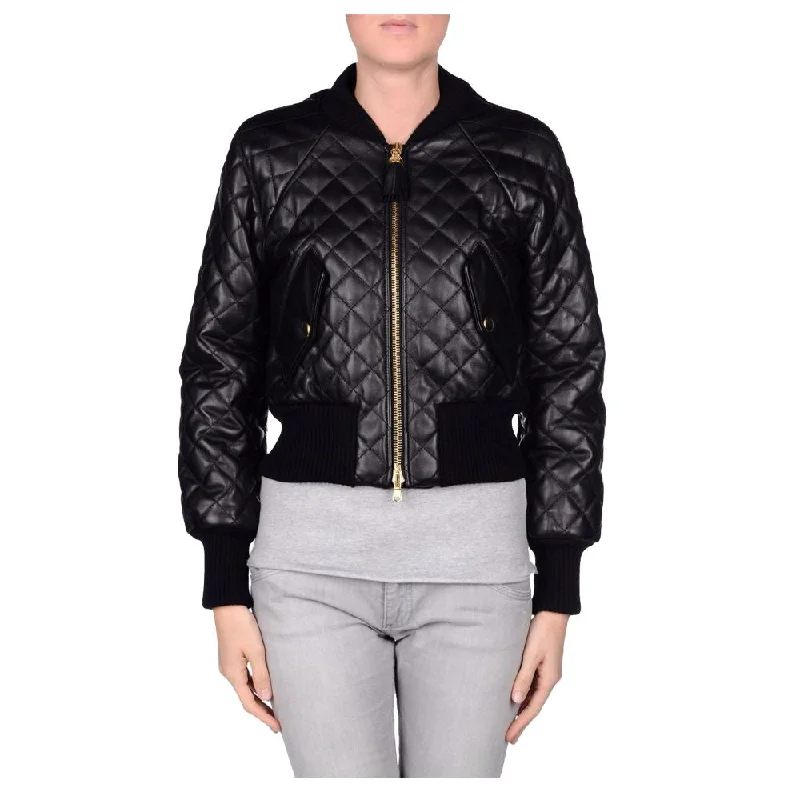 men's outdoor jackets -Women Bomber Stunning Fashion Black Leather Jacket