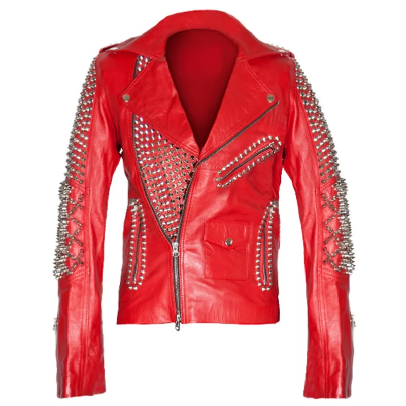 men's outdoor jackets -Brando Studded Leather Red Biker Jacket