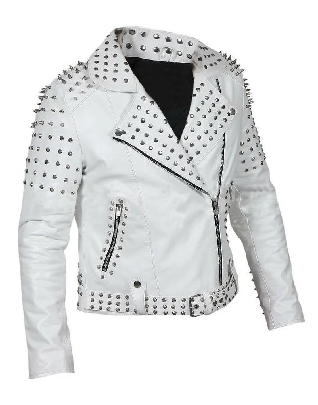 men's outdoor waterproof jackets -Sophisticated Edge Studded Leather White Jacket