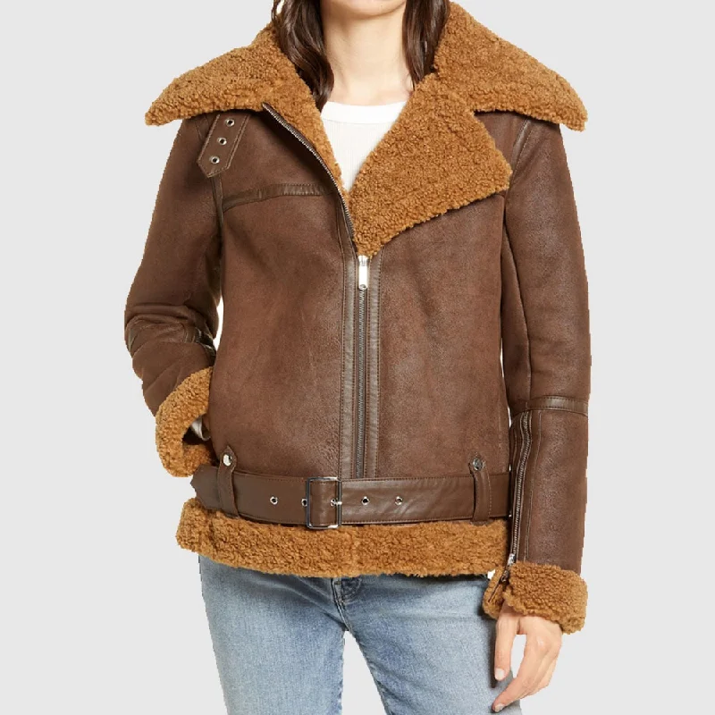 slim-fit jackets for men -Women B3 Brown Shearling Bomber Leather Jacket