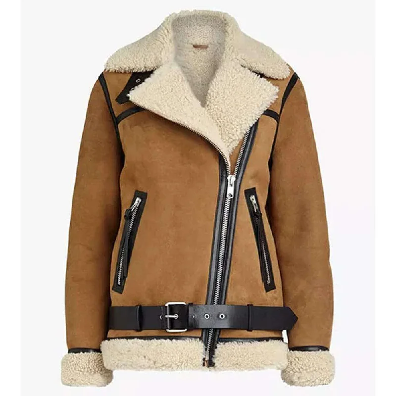 men's blazer jackets for work -Women Brown Suede Leather Shearling Motorcycle Jacket