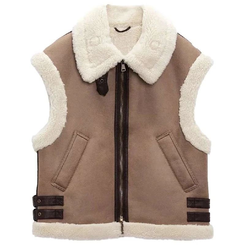 men's plaid vests -Women Camel Brown Motorcycle Shearling Leather Vest