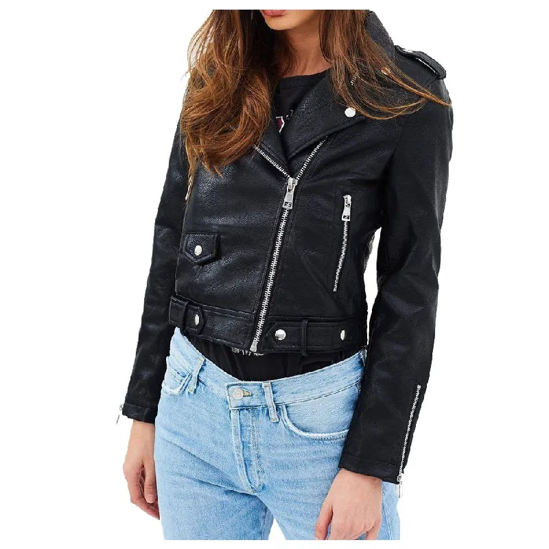 men's parka jackets -Women Classic Motorcycle Biker Leather Jacket