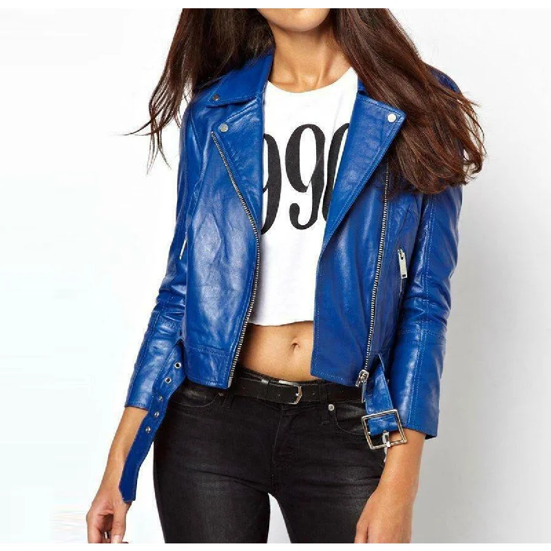 men's rain jackets -Women Classic Blue Motorbike Fashion Leather Jacket