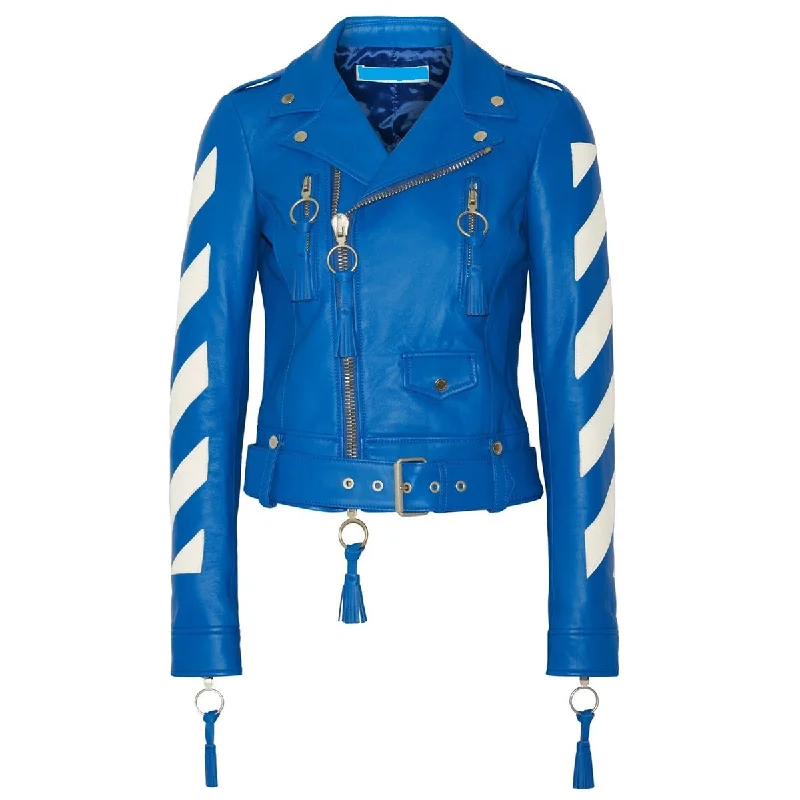 men's slim-fit blazers -Women Cropped Blue Genuine Leather Fashion Jacket