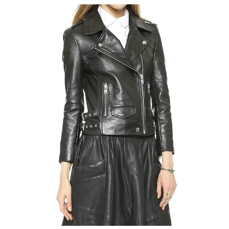 men's jean jackets -WOMEN GENUINE LAMBSKIN LEATHER BIKER JACKET BLACK ZIPPER BIKER JACKET