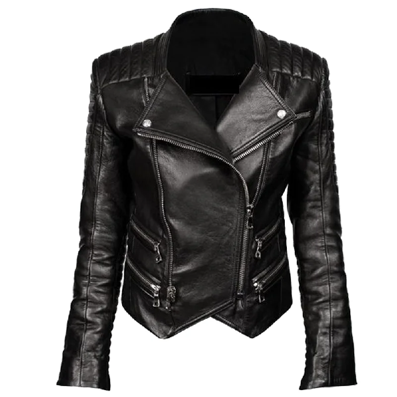 men's leather jackets -Women Genuine Leather Biker Double Zipper Jacket