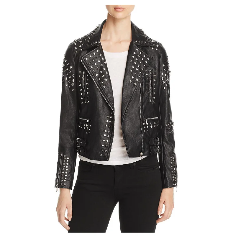 men's breathable jackets -Women Lambskin Leather Stud Pin Biker Jacket