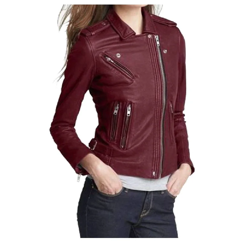 men's wool jackets -WOMEN MAROON LEATHER SLIM FIT FASHION LEATHER JACKET