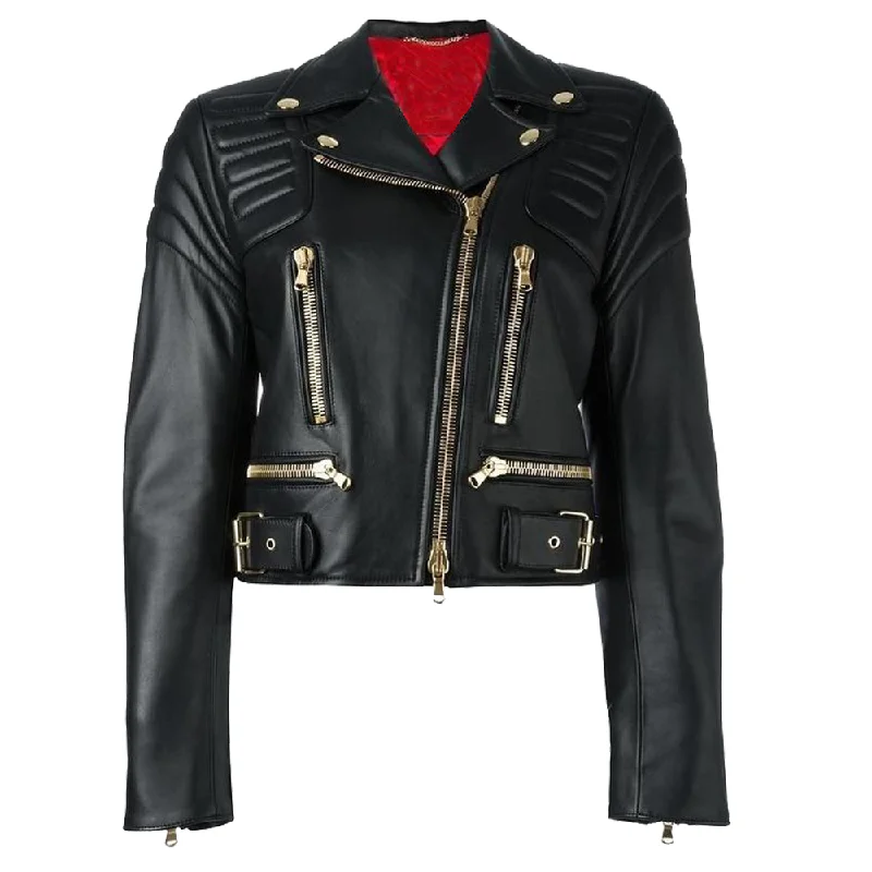 men's quilted jackets -Women Moschino Cropped Biker Leather Jacket