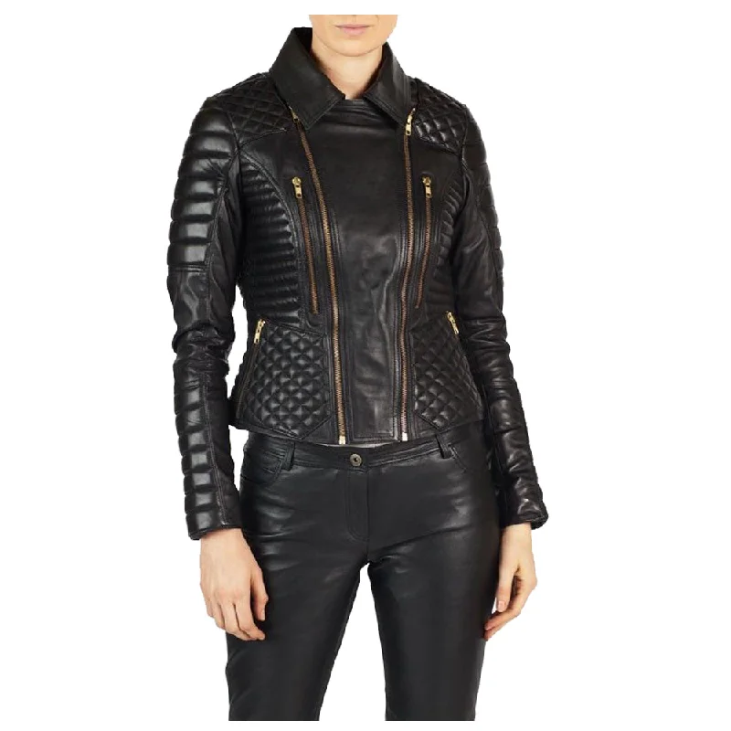 men's bomber jackets -Women Motorcycle Biker Leather Jacket Gold Zipper