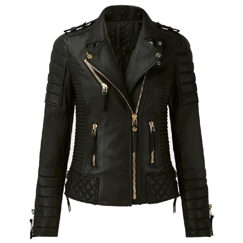 men's hooded bomber jackets -Women Motorcycle Classic Fashion Golden Zipper Leather Jacket