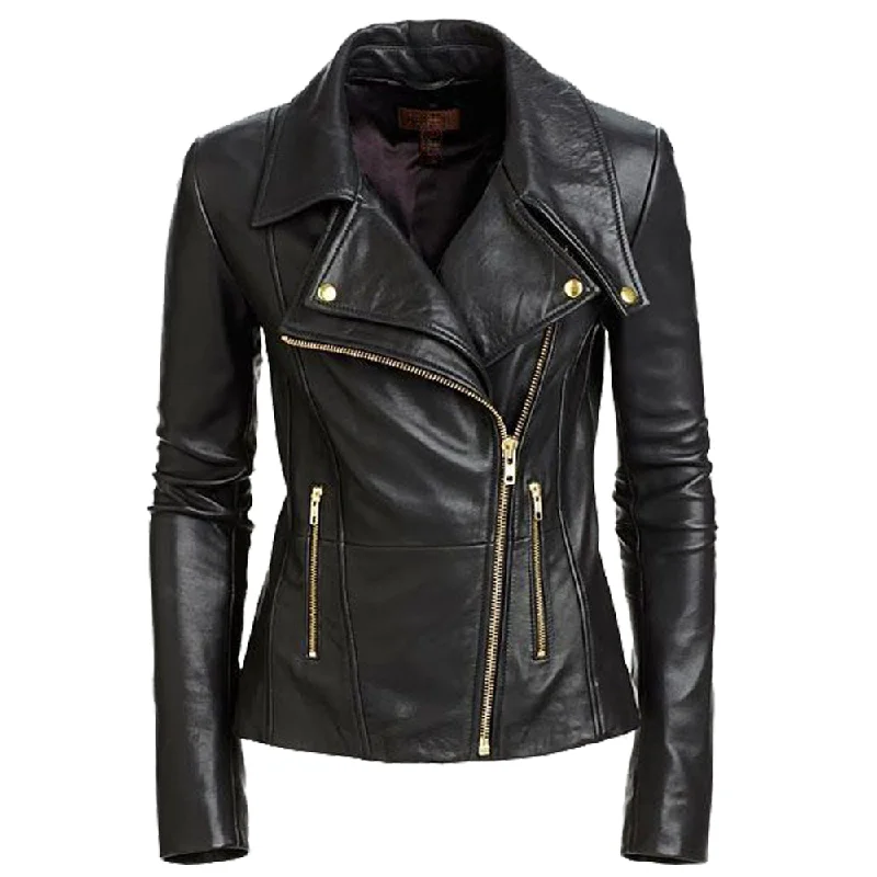 casual jackets for men -Women Motorcycle Rider Golden Button Black Leather Jacket