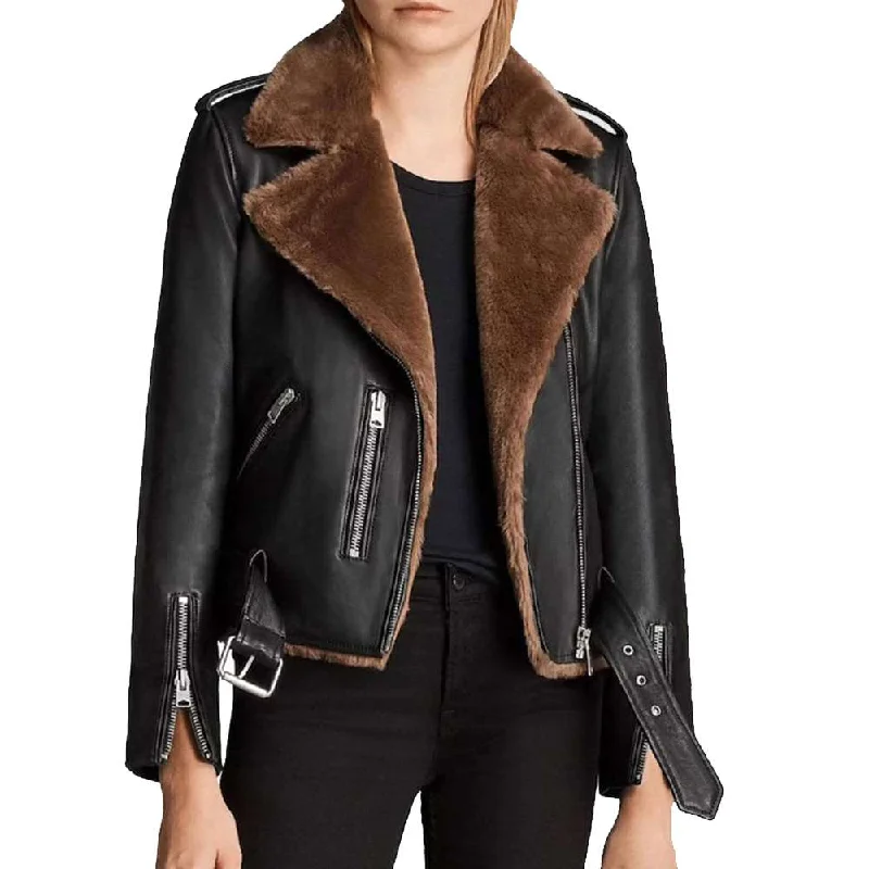 men's waterproof trench coats -Women Motorcycle Shearling Fur Leather Jacket