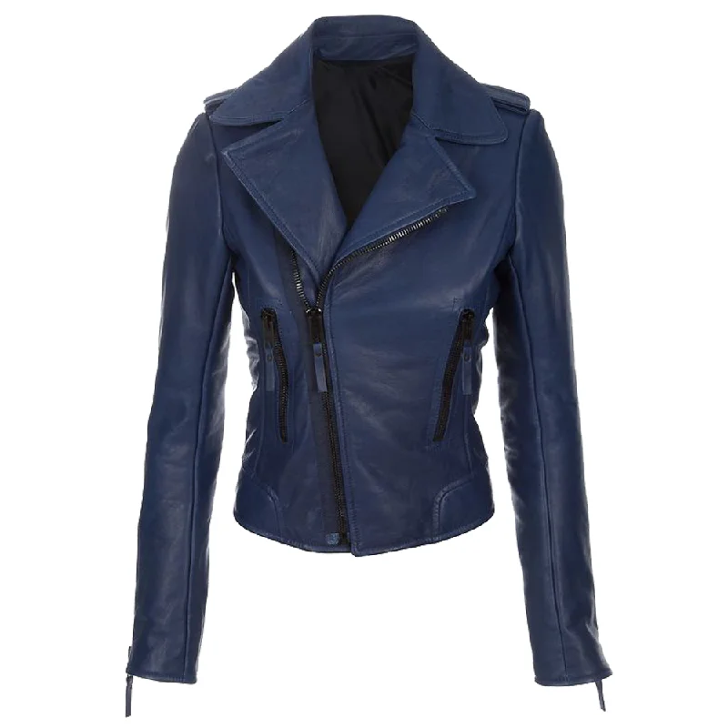 men's fleece-lined zip-up jackets -Women Navy Blue Biker Fashion Leather Jacket