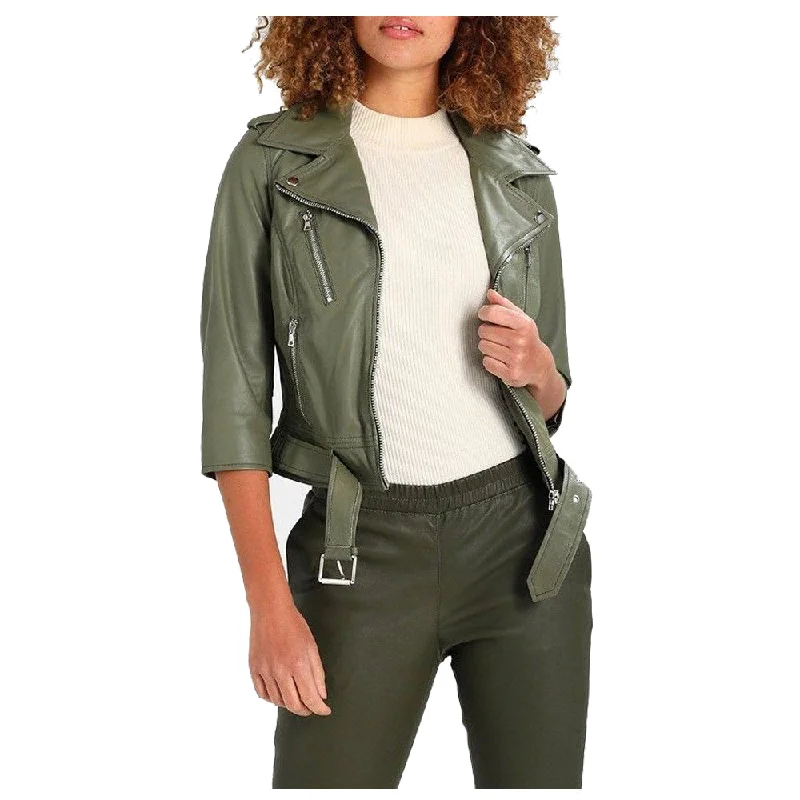 men's sleek jackets -Women Olive Green Motorcycle Genuine Leather Jacket