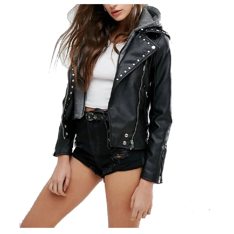 men's zip-up jackets -Women Pin Motorcycle Leather Jacket