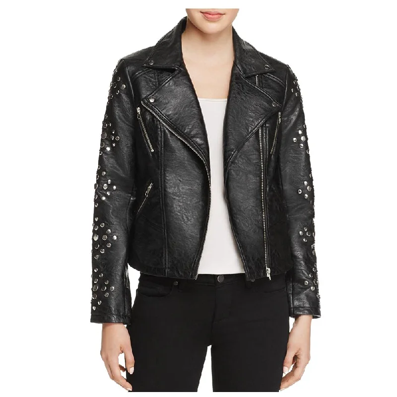 men's winter coats and jackets -Women Pin Studded Biker Leather Jacket Black