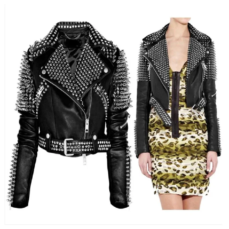 men's bomber jackets -Women Punk Rock Silver Studded Biker Leather Jacket