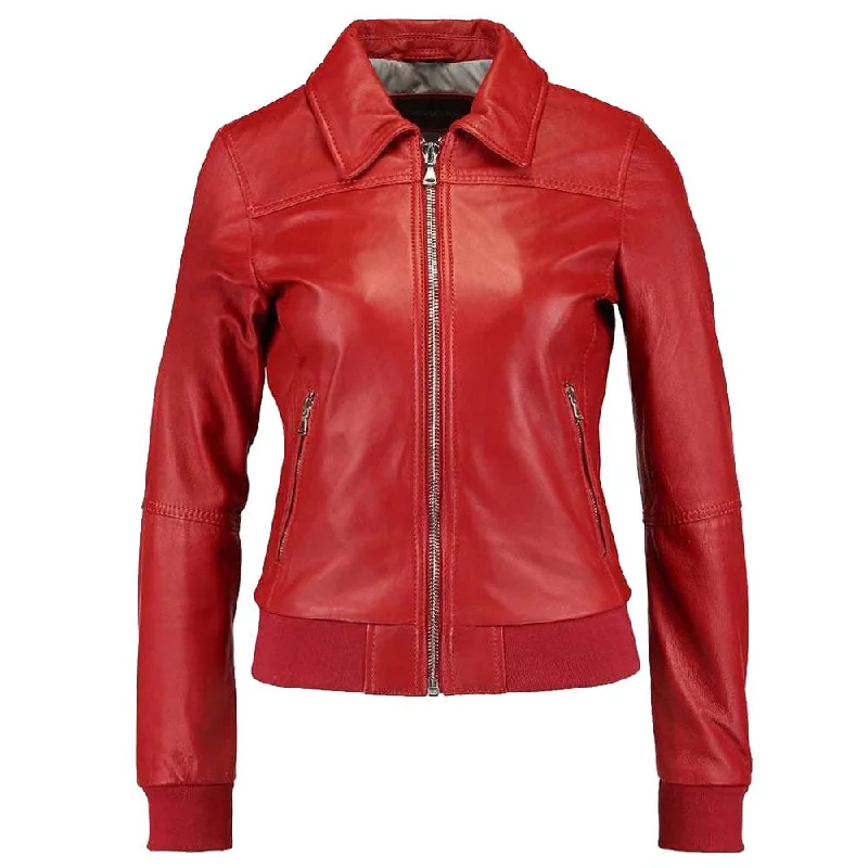 men's slim-fit blazers -Women Red Bomber Slim Fit Leather Jacket