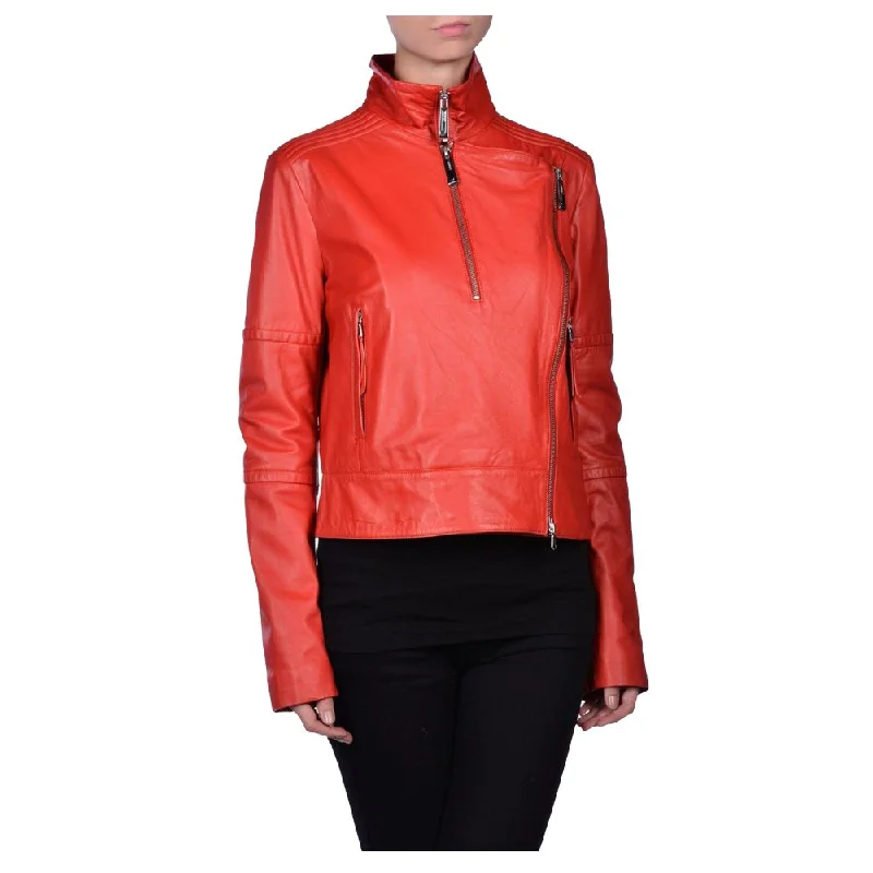 men's trench coats for winter -Red Slim Fit Leather Jacket Women