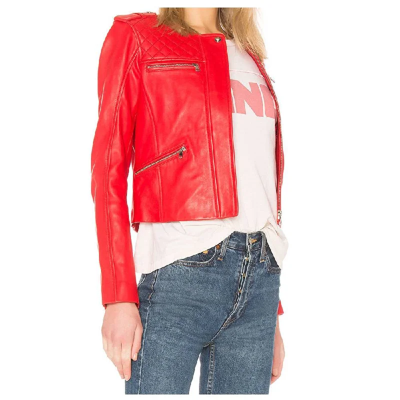 men's double-breasted jackets -Women Red Leather Short Body Jacket