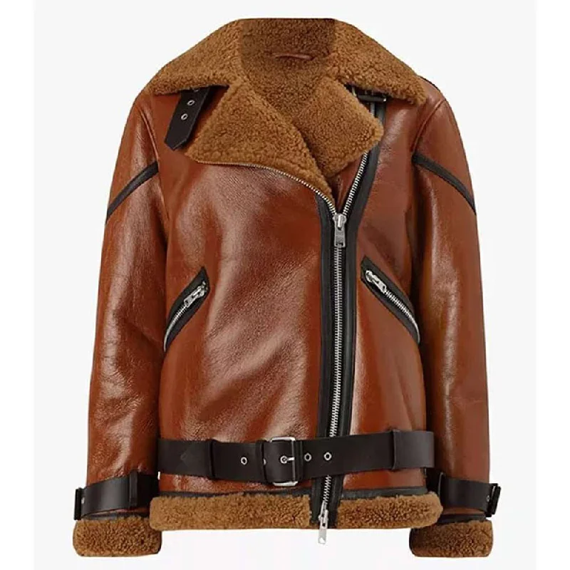 men's elegant jackets -Women Brown B3 Shearling Biker Leather Jacket