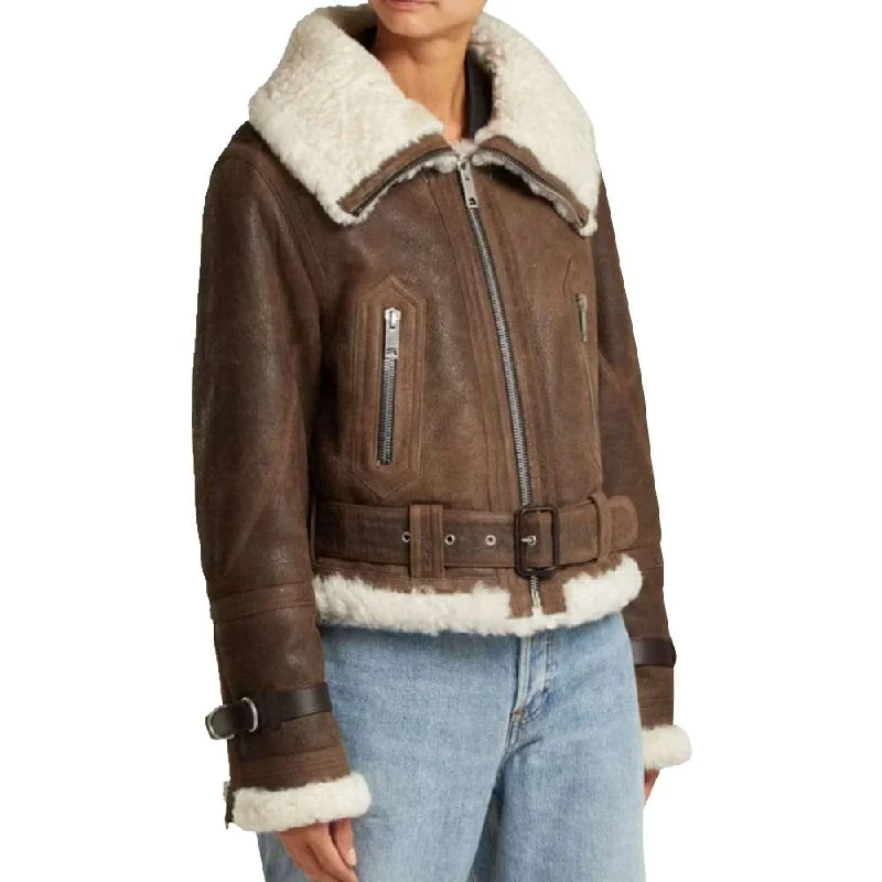 men's performance winter jackets -Women Shearling Flight Aviator Brown Leather Jacket