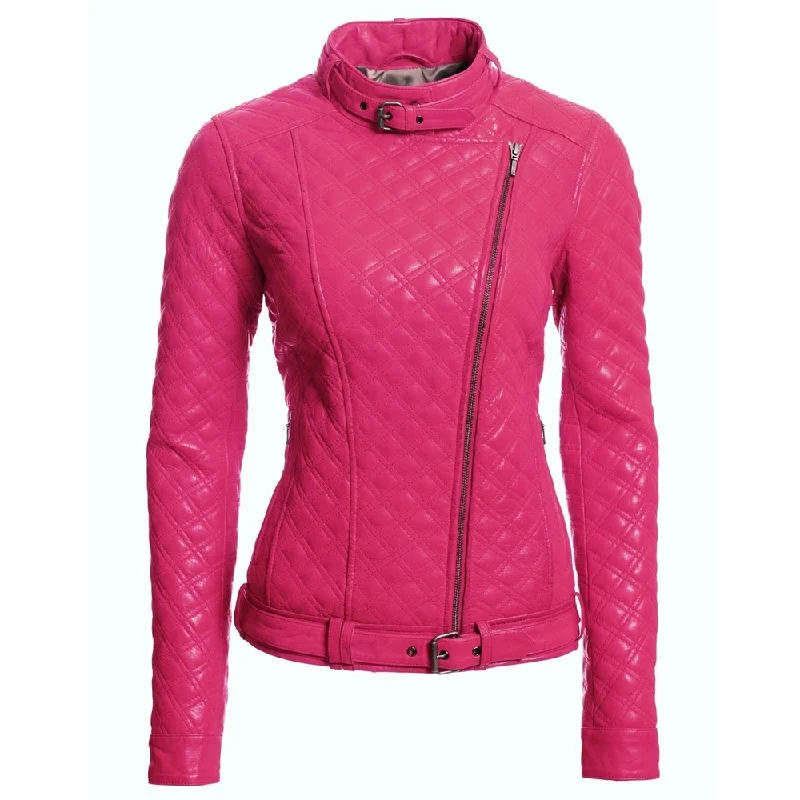 men's outdoor hooded jackets -Women Shocking Pink Fashion Biker Leather Jacket