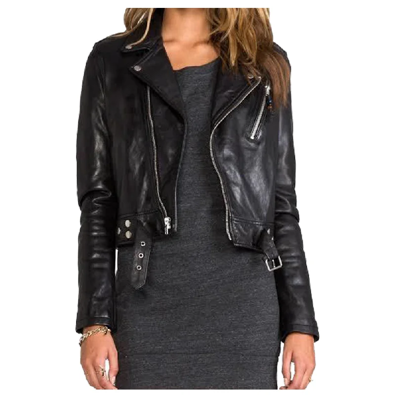 military-inspired jackets for men -WOMEN SHORT BODY LAMBSKIN BIKER LEATHER JACKET