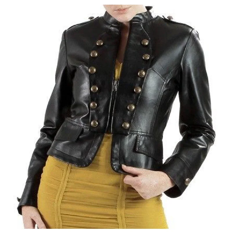 men's stylish puffer jackets -Women Short Body Military Lambskin Leather Jacket