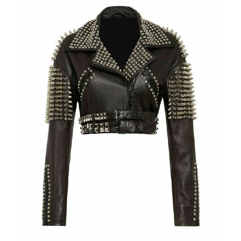 men's lightweight winter jackets -Women Silver Studs Short Body Leather Jacket